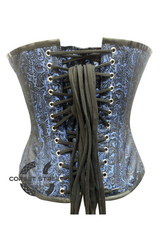 Blue Brocade Brown Leather Gothic Steampunk Bustier Waist Training Overbust Corset Costume